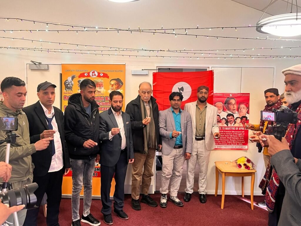 On Saturday, 26th April 2025, the Jeay Sindh Freedom Movement (JSFM) organized a grand and respectful event in London to commemorate the 30th death anniversary of Sain G.M. Syed, the great leader, thinker, and philosopher of the Sindhi independence movement.
The event was attended by numerous political and social representatives from various circles based in London.
